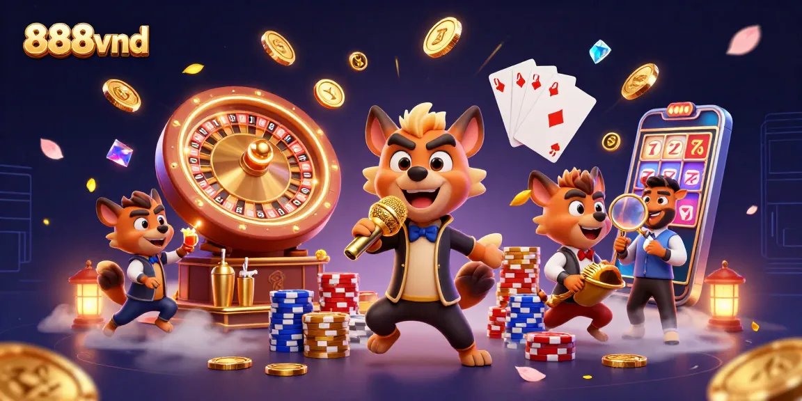 Electrifying scene of 888vnd casino hyenas, mixing drinks and telling jokes amidst sparkling slots.
