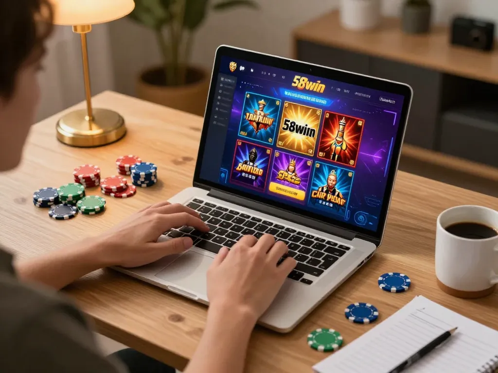 Engaging with the 58win online casino platform from a cozy home gaming setup.