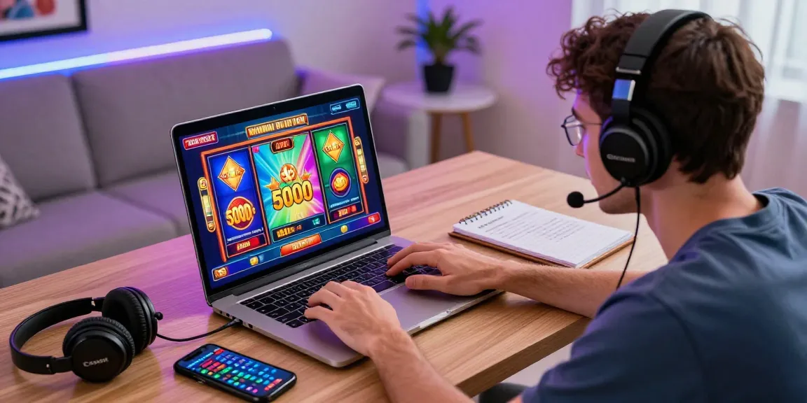 Excited player immersed in an online slot deposit 5k experience with colorful game graphics and gaming accessories.