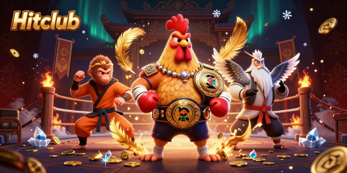 Hitclub gaming scene with a Muay Thai rooster, Shaolin monkey, and crane master in an action-packed arena.