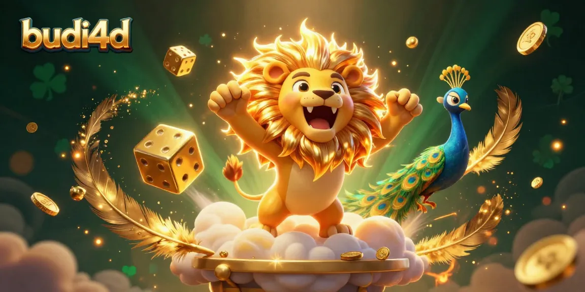 Engage with budi4d through this vibrant casino-themed 3D illustration featuring a roaring sun lion and triumphant golden dice.