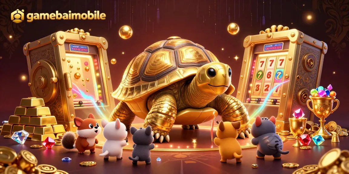 Experience gamebaimobile with a captivating scene featuring a golden tortoise pinball, jewels, and dynamic slots action.