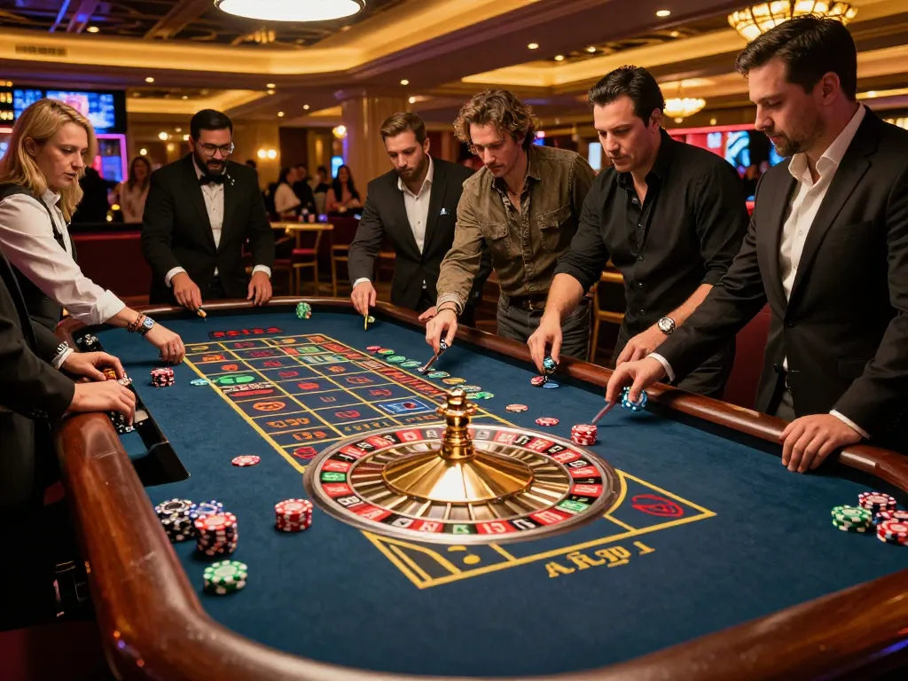 Players engage in a thrilling roulette game at a casino, experiencing superjp excitement with colorful chips and dynamic action