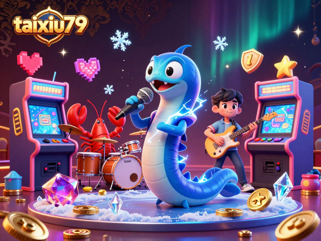 Engage in the thrilling underwater casino world of taixiu79 with dynamic electric eel DJ entertaining alongside vibrant gaming elements.