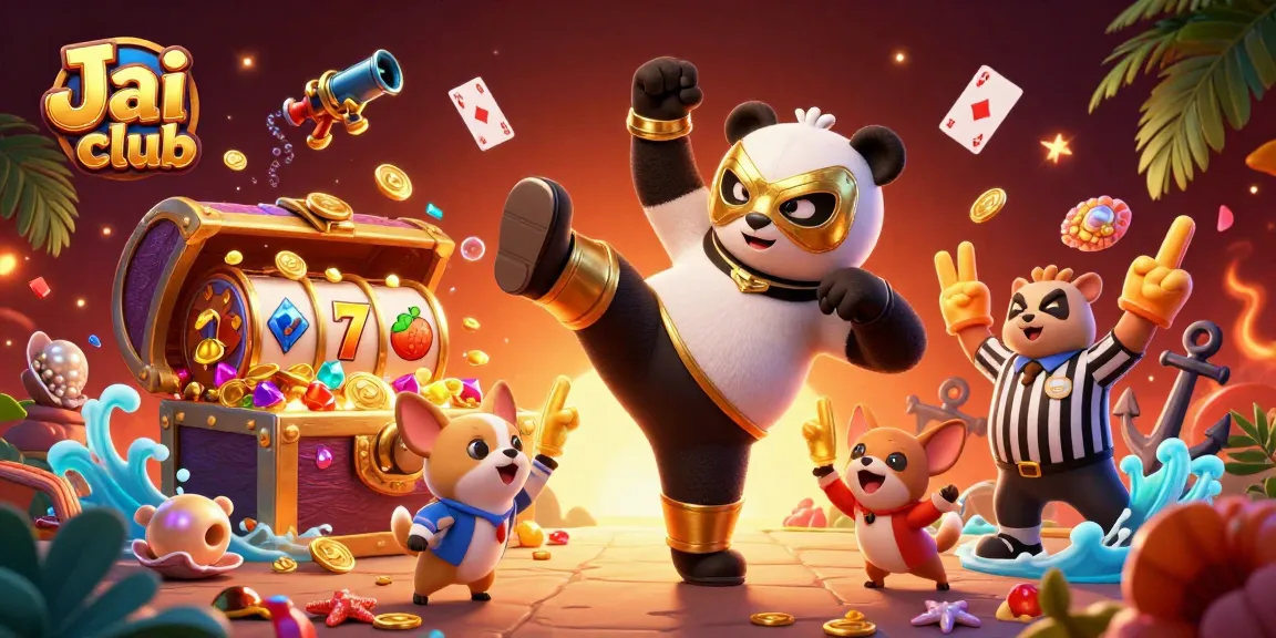 Engage in excitement at Jai club with a panda wrestler and dynamic casino-themed elements.