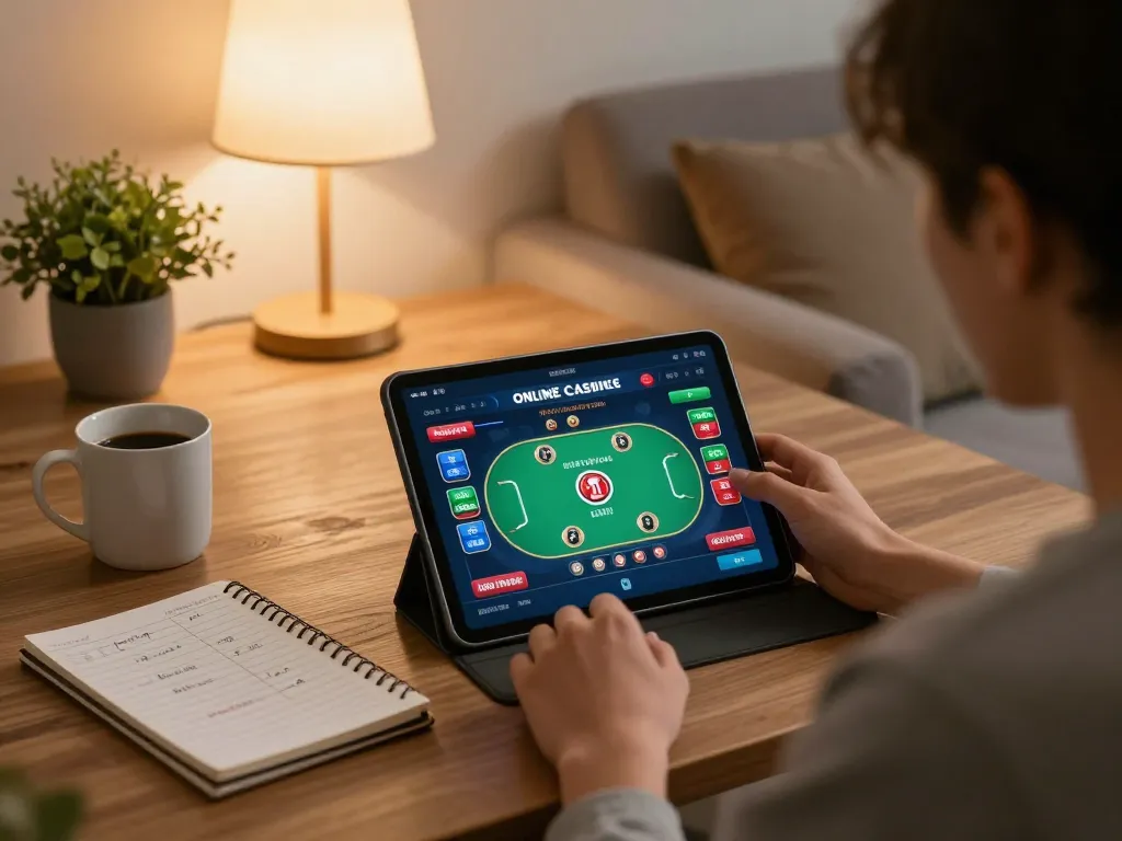 Engaging in online casino gaming with a tablet in a cozy home setting, showcasing 包网 convenience.