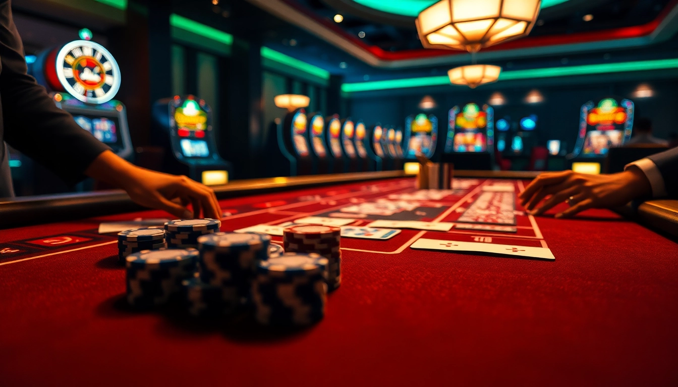 TOTO casino dengan meja poker, banyak chip dan kartu untuk permainan yang menarik.