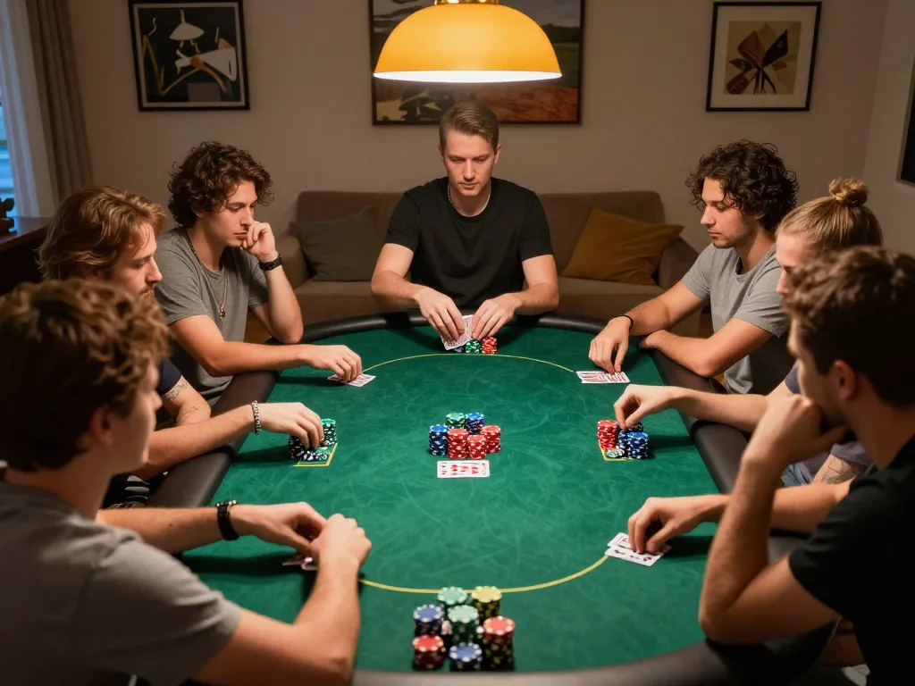 33win poker night with friends, vibrant scene of chips and cards showcased in a cozy home.