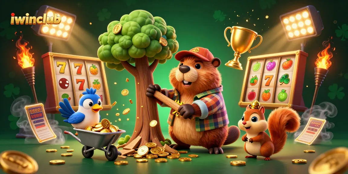 Join the fun at iwinclub with a beaver winning golden coins in a vibrant casino scene.