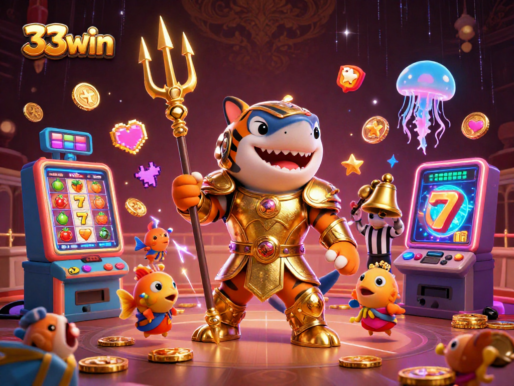 33win showcases dynamic 3D casino elements with a shark hero in an underwater setting designed to captivate gamblers.
