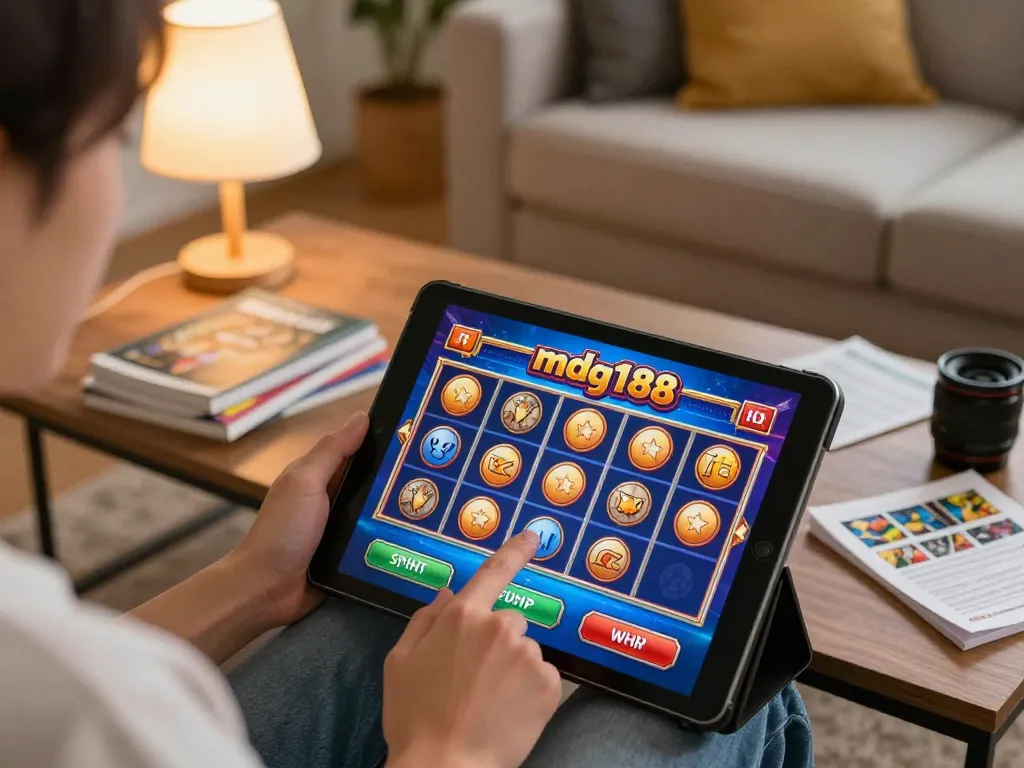 Play mdg188 slot game on tablet in cozy home setting with vibrant graphics