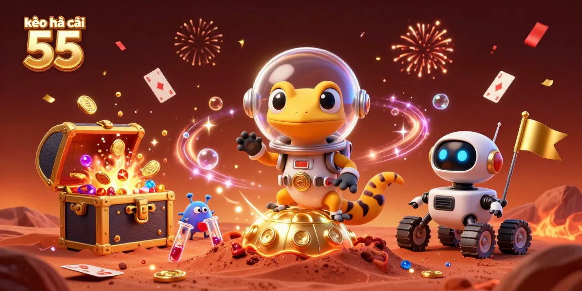 Bet on kèo nhà cái 55 with a Martian gecko exploring a golden casino in this vibrant 3D scene.