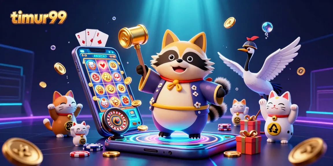 Win big at timur99 with cheerful tanuki and lucky symbols in a vibrant casino scene.