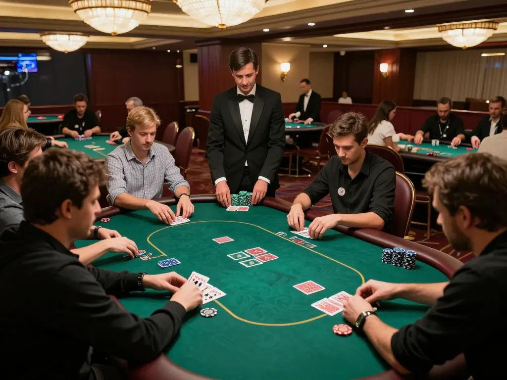 vin88a engages players in a high-stakes poker game at an upscale casino, highlighting competitive strategies.