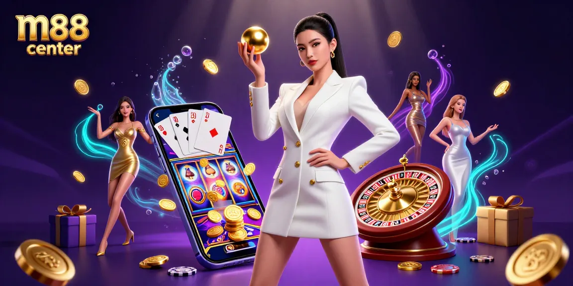 Place your bets at m88 center, featuring a stunning casino scene with a glamorous Asian woman.