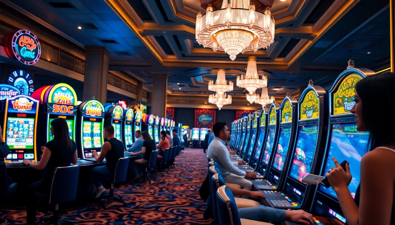 Engaged players enjoying Non gamstop casino slot machines in a vibrant casino atmosphere.
