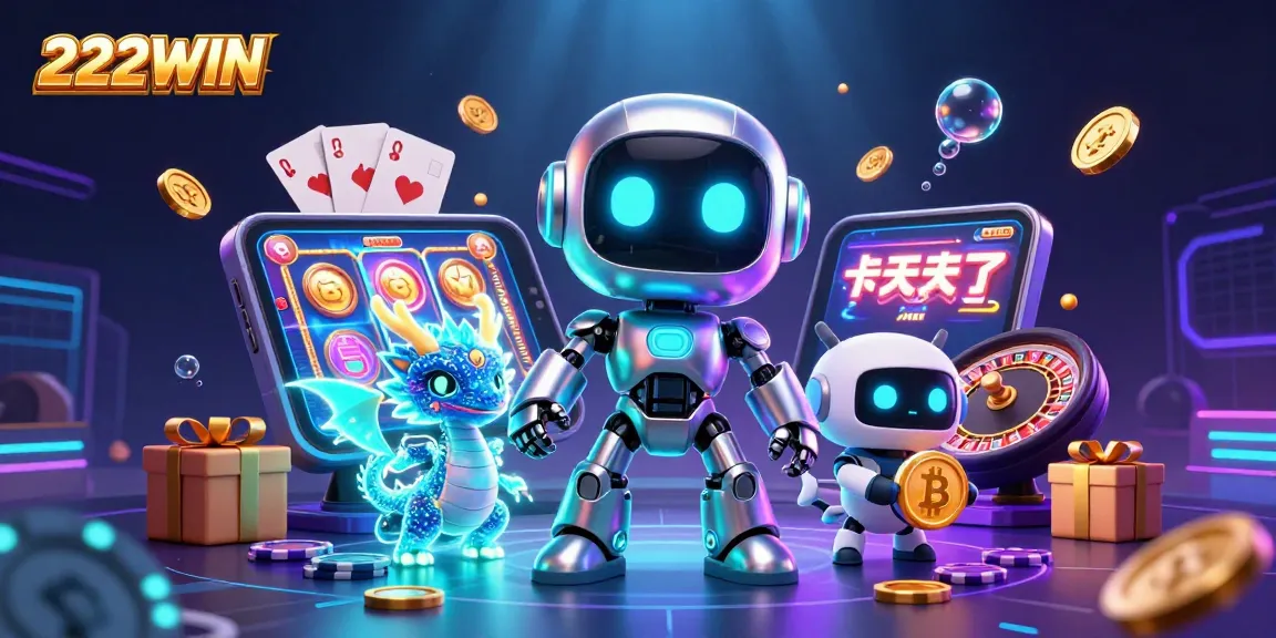 Engage with 222WIN, featuring a dynamic 3D robot and dragon in a vibrant casino setting.