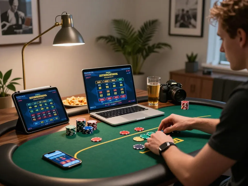Engaging in a mini-game poker session on a laptop, emphasizing strategy and excitement.