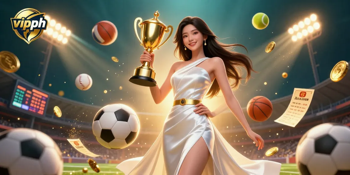 Engage with vipph's premier sports betting scene featuring a confident winner amidst dynamic casino elements.
