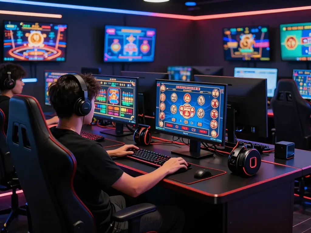 Engaging online gaming setup featuring debet platforms on multiple screens, displaying dynamic casino gameplay.