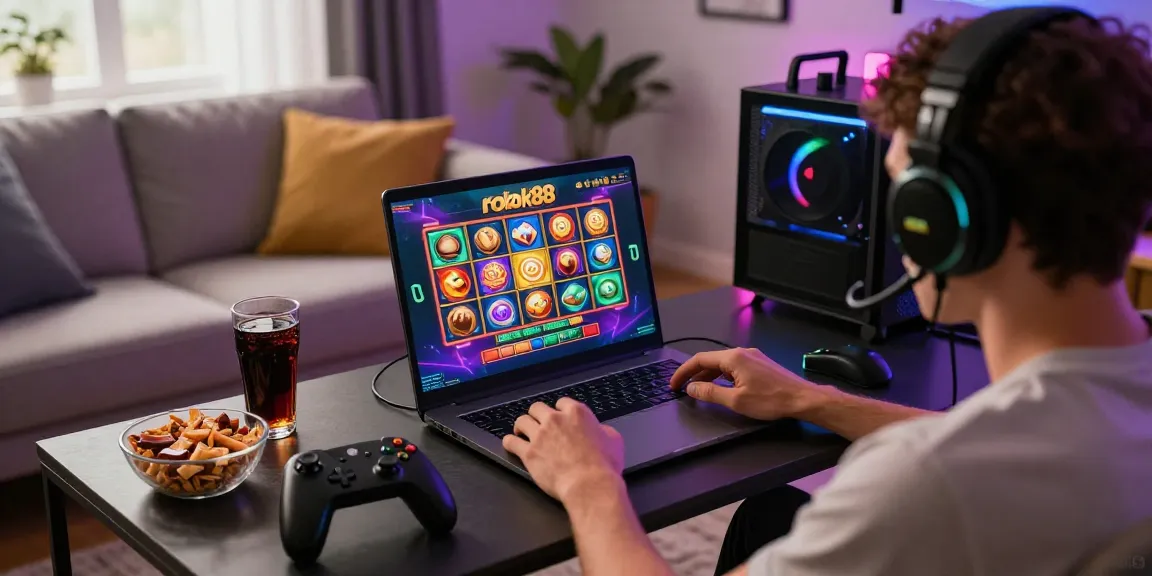 Engaging scene of a player enjoying the rokok88 slot game on a laptop in a vibrant living room.