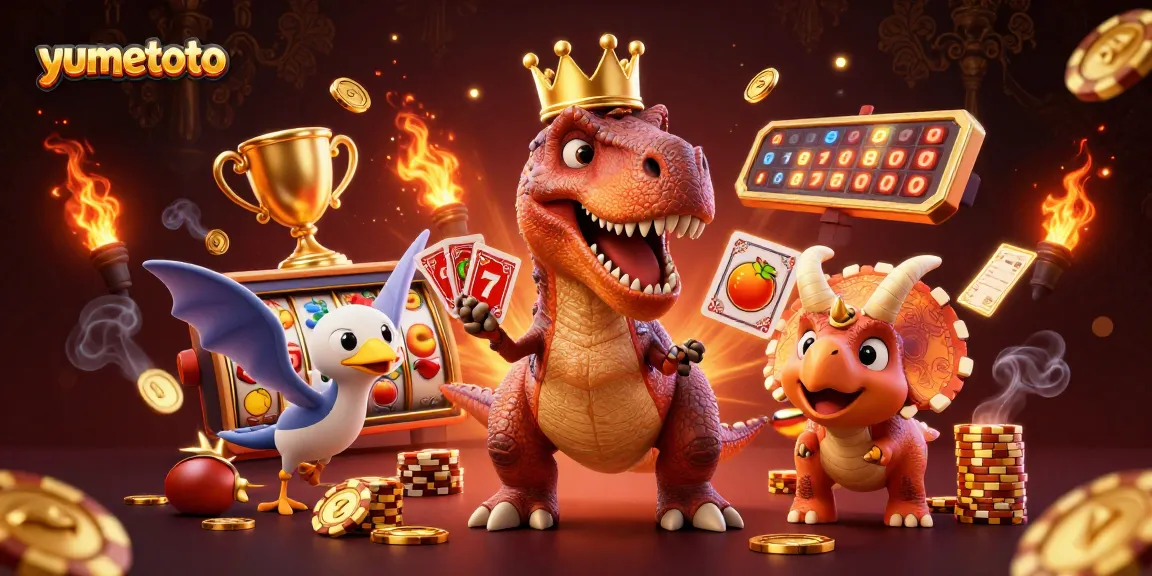 Experience yumetoto's thrilling gambling scene with dinosaurs shuffling cards and stacking chips!