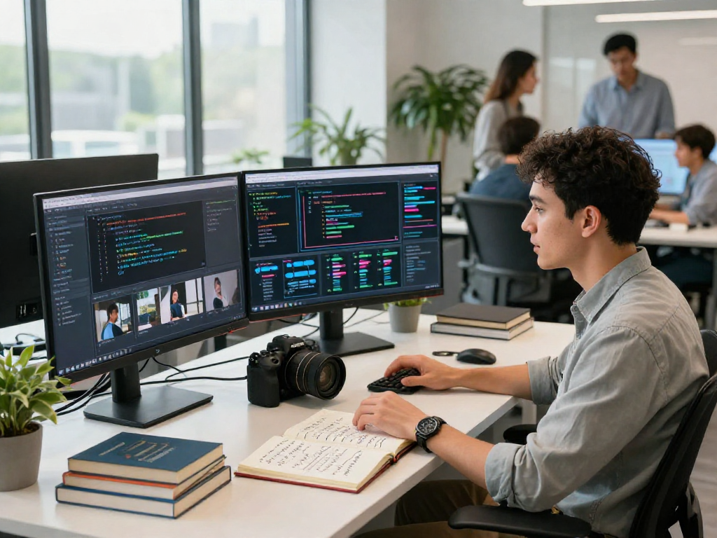 Detect AI image analysis in a modern workspace with advanced tech displays and collaborative team.