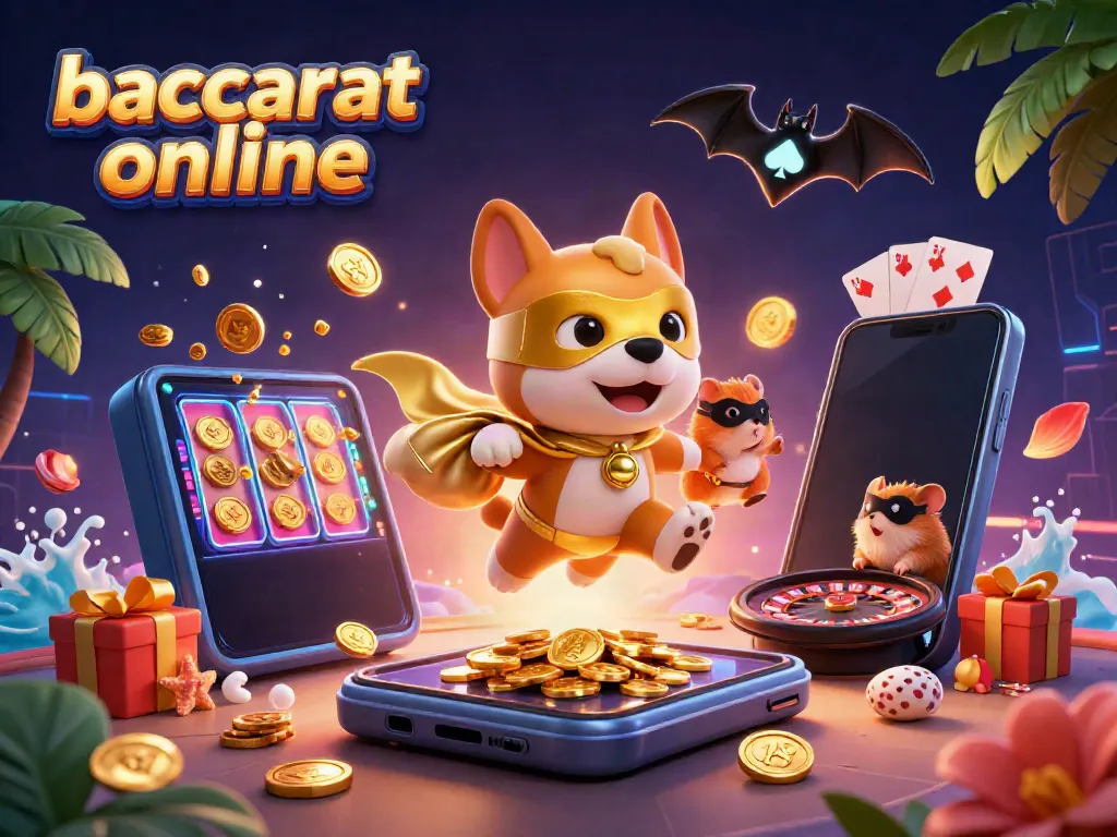 Engaging scene of baccarat online with a superhero dog and hamster amidst vibrant casino elements