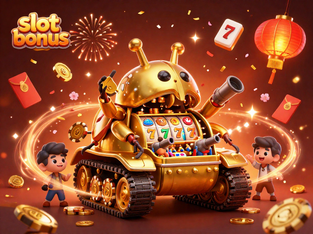 Experience vibrant gaming fun with a slot bonus in this celebratory casino tank scene.