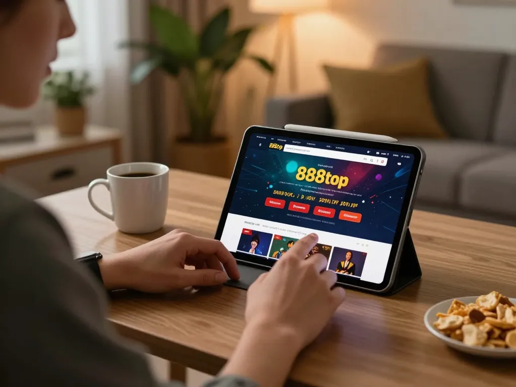 Experience online betting on 888top with a cozy home gaming setup featuring a tablet.