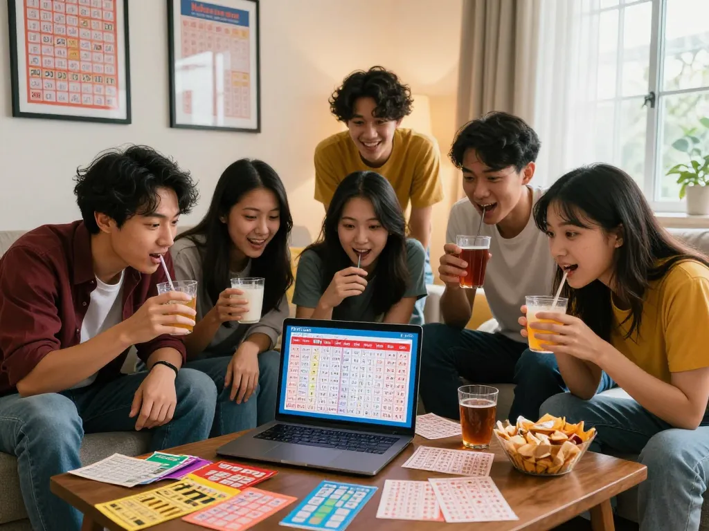 Keluaran HK results excitement with friends analyzing lottery data together in cozy living room.