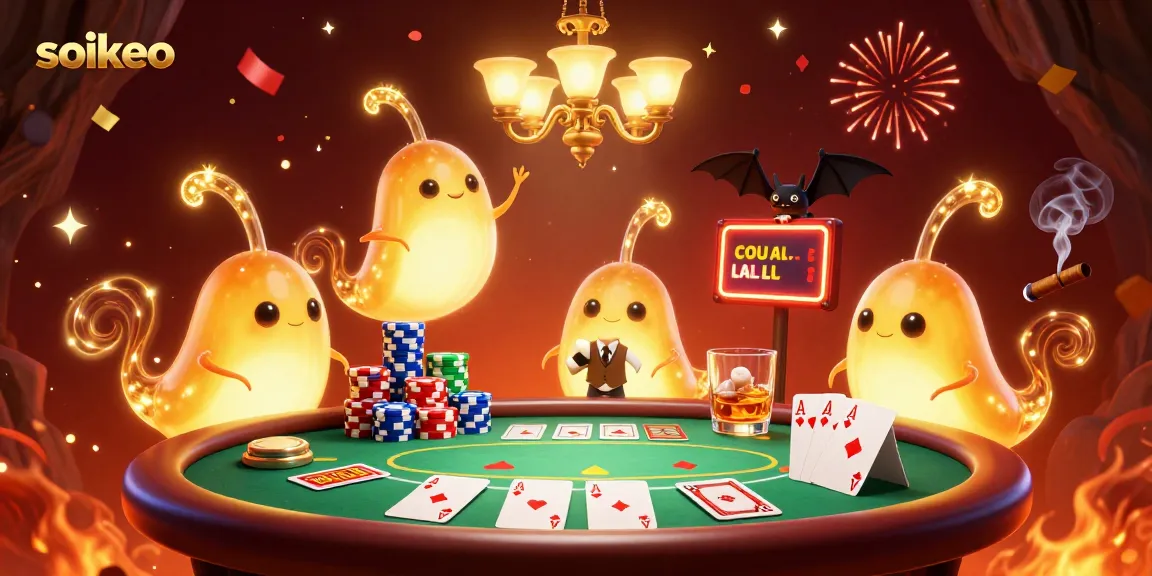 Experience thrilling soikeo action with glowworms lighting a vibrant cave casino filled with poker games.