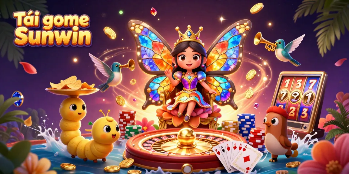 Tải game Sunwin with a vibrant butterfly queen and dynamic casino elements illustrating an exciting online gaming experience.