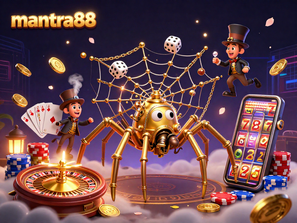 Engage with mantra88's vivid casino experience featuring a golden steampunk spider and lively gaming elements.