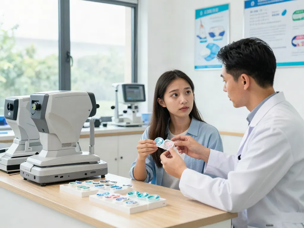 Consultora de lentes de contato em ótica com mulher interessada explorando opções de lentes de contato.