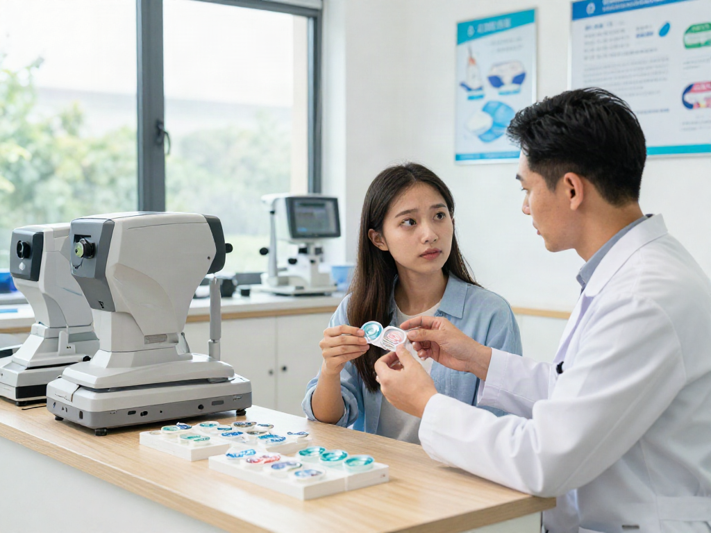 Consultora de lentes de contato em ótica com mulher interessada explorando opções de lentes de contato.