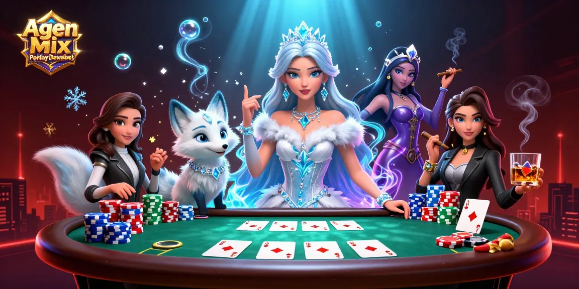 Agen Mix Parlay Dewabet showcases a winning scene with a glamorous character at a poker table.
