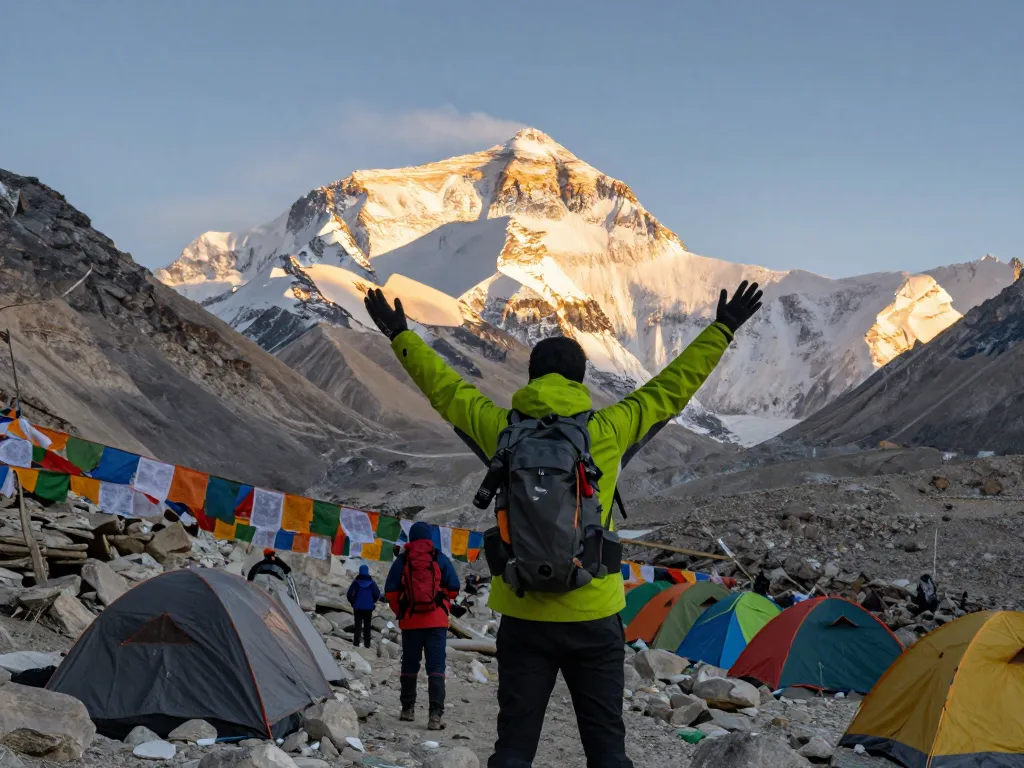 Everest Base Camp Heli Trek adventure at sunrise with rugged terrain and majestic Himalayan peaks.