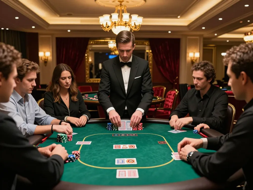 Players strategizing in a high-stakes poker game at 388bet casino with vibrant atmosphere.