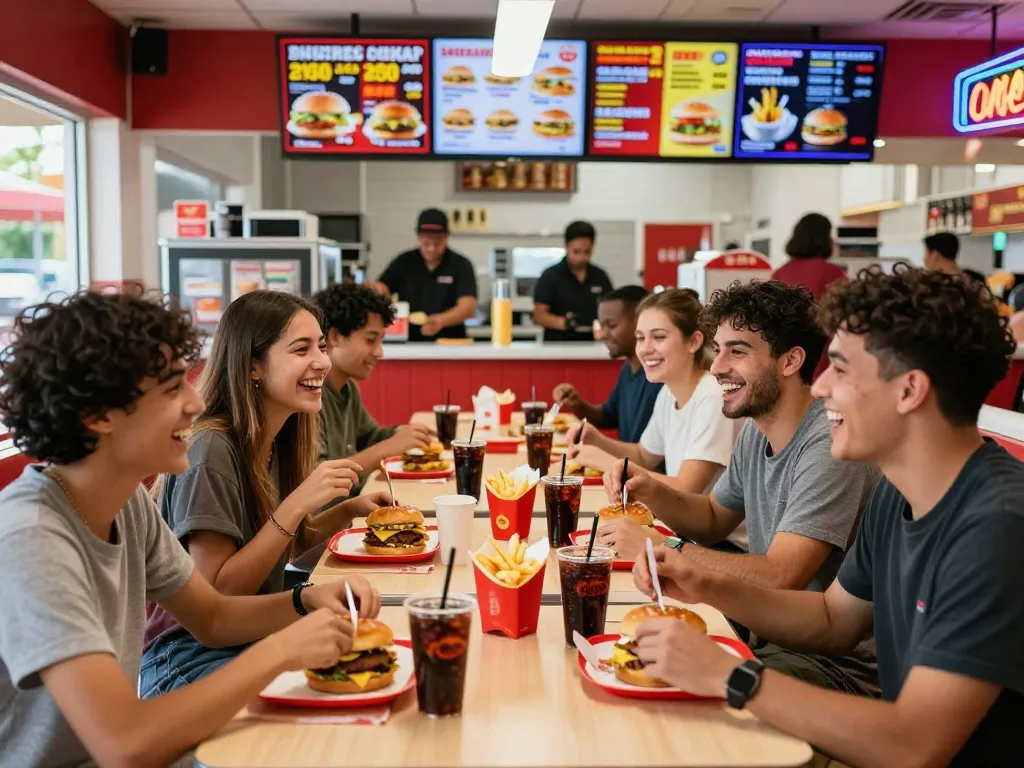 Friends enjoying meals at fast food restaurant, highlighting fast food prices and vibrant atmosphere.