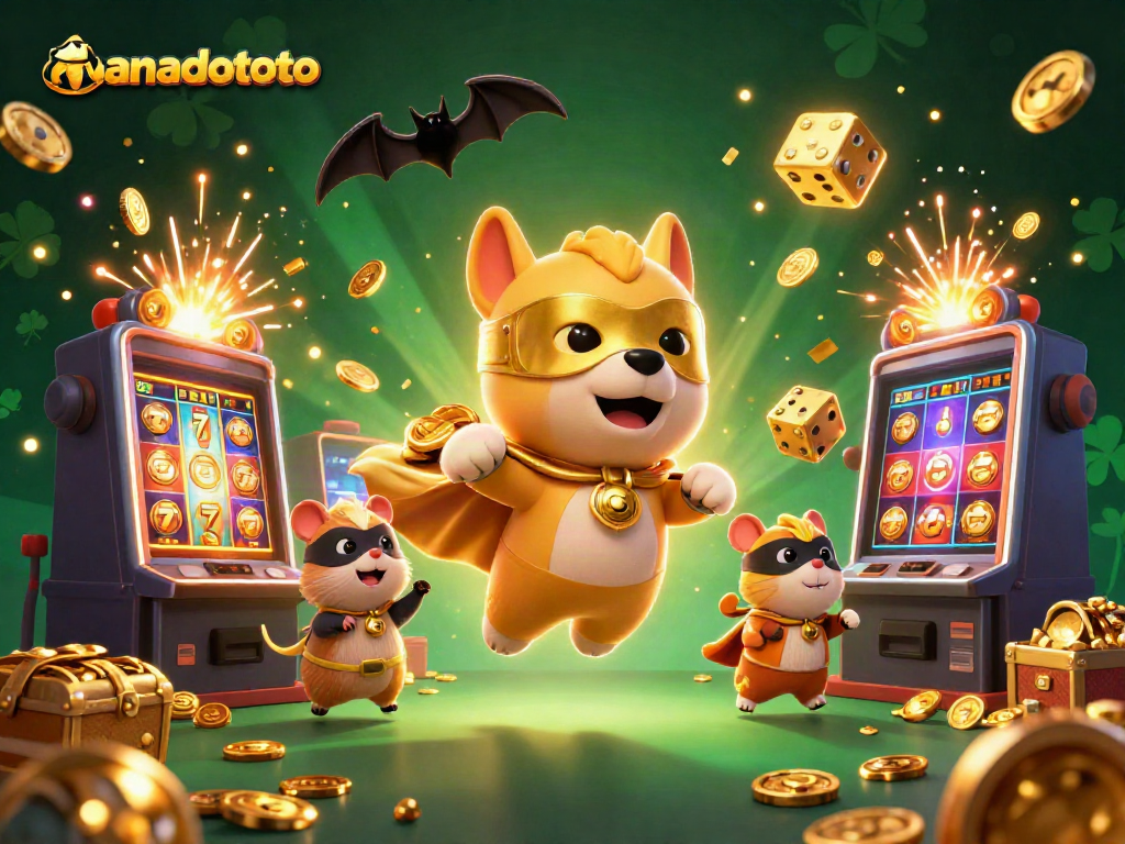 Experience excitement with manadototo as a superhero dog and hamster soar through a lively casino scene.
