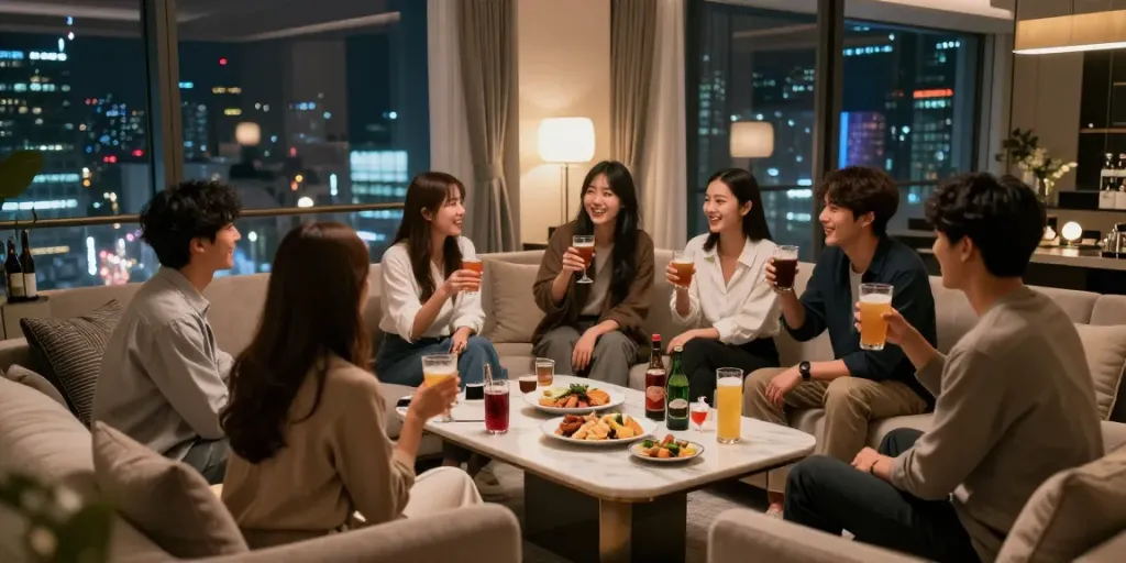 강남 구구단의 고급 독립 룸에서 친구들이 음료와 음식을 나누며 즐거운 시간을 보내고 있는 모습