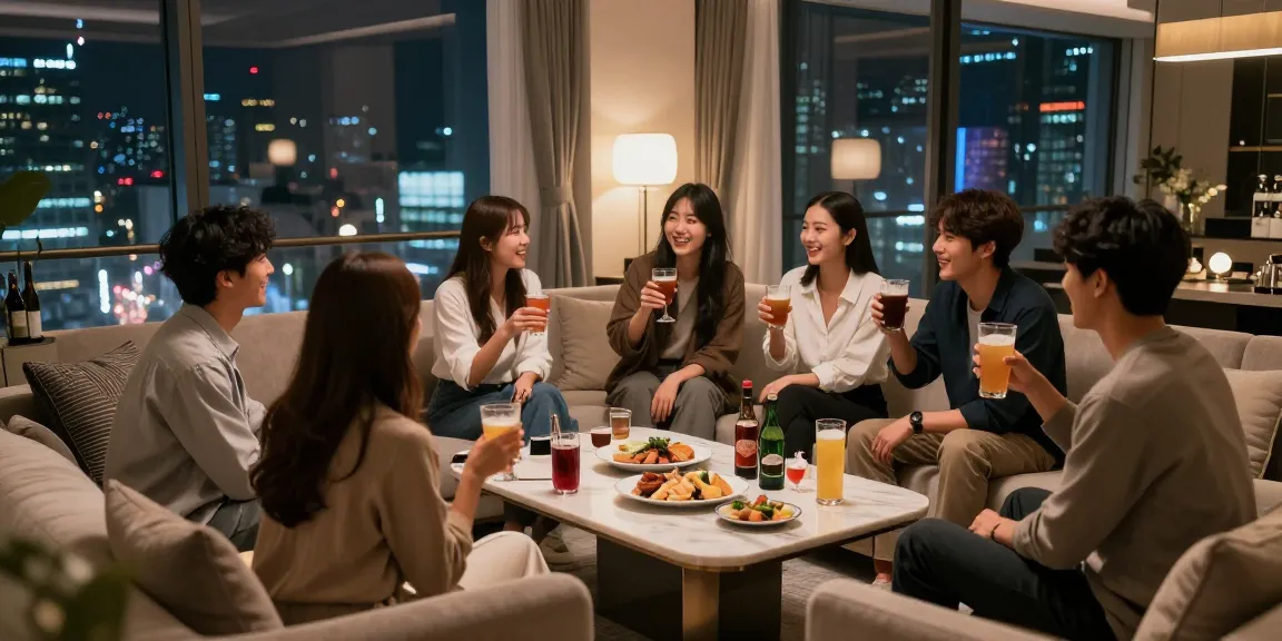 강남 구구단의 고급 독립 룸에서 친구들이 음료와 음식을 나누며 즐거운 시간을 보내고 있는 모습