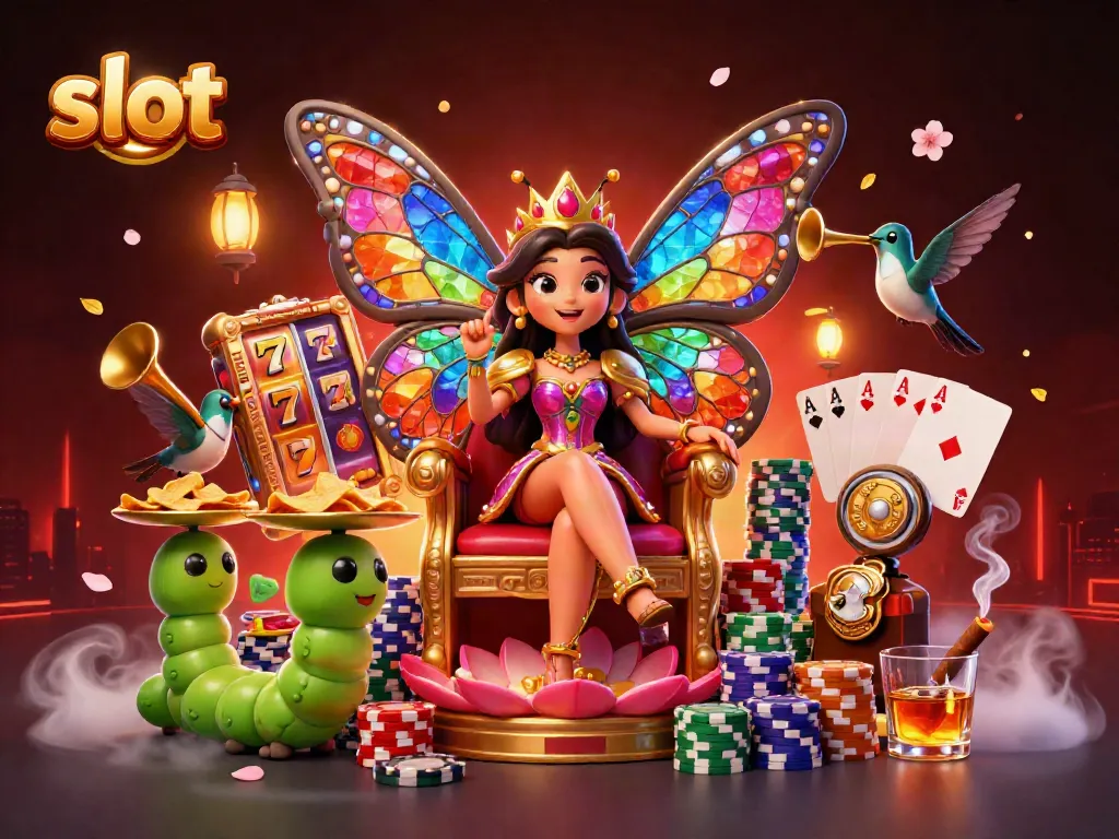 Slot mesin yang memukau dengan ratu kupu-kupu, simbol keberuntungan, dan suasana kasino yang glamor.