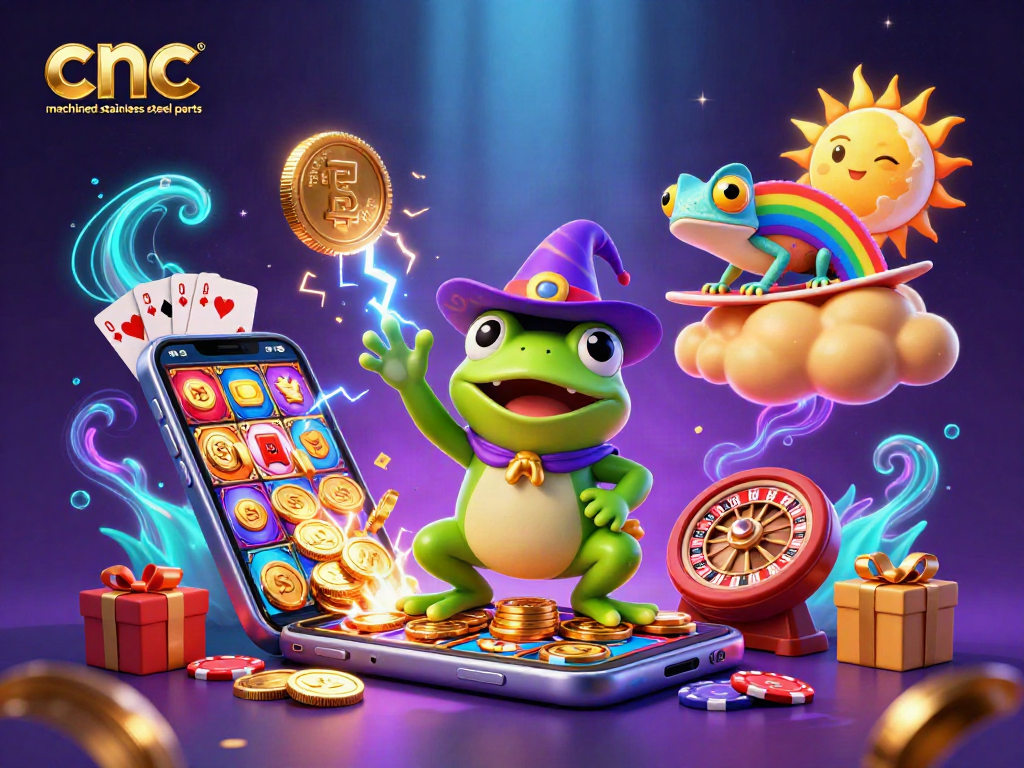 CNC machined stainless steel parts spark winning excitement in a vibrant casino scene with golden coins and lively game elements.