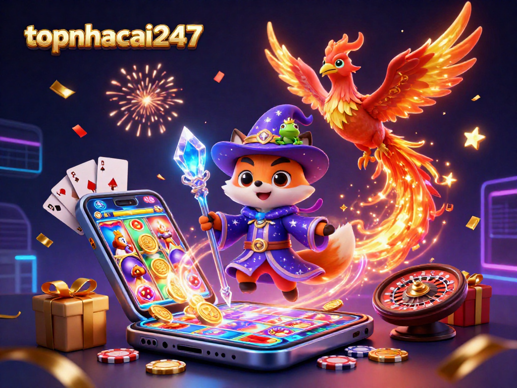 Spin and win with topnhacai247 in a vibrant mystical casino world featuring a wizard fox and phoenix.