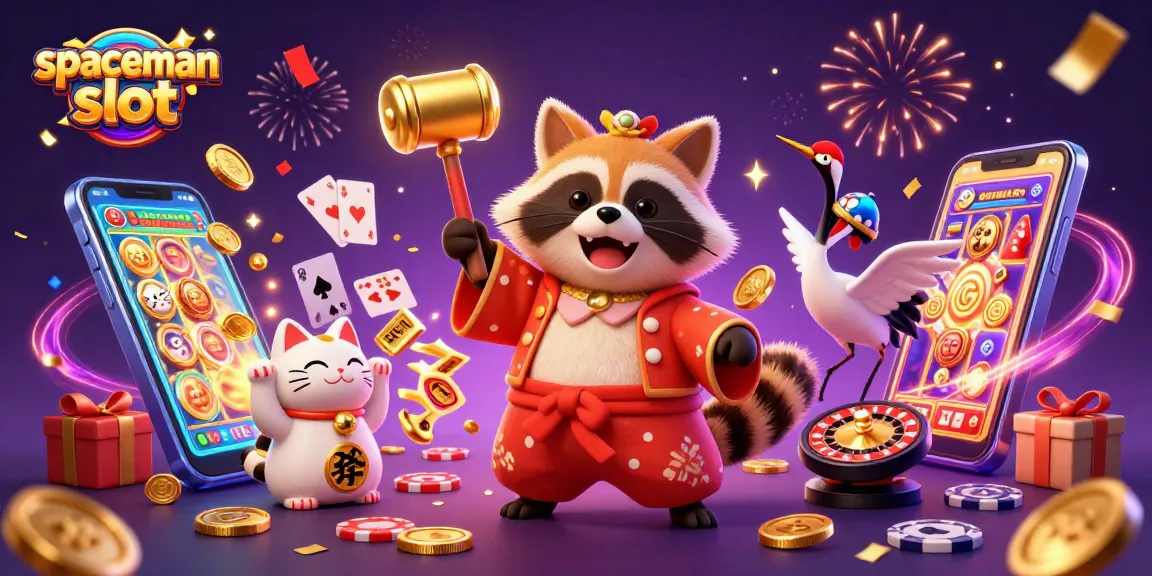 Engage with spaceman slot featuring a tanuki and crane amidst golden coins and colorful jackpots.
