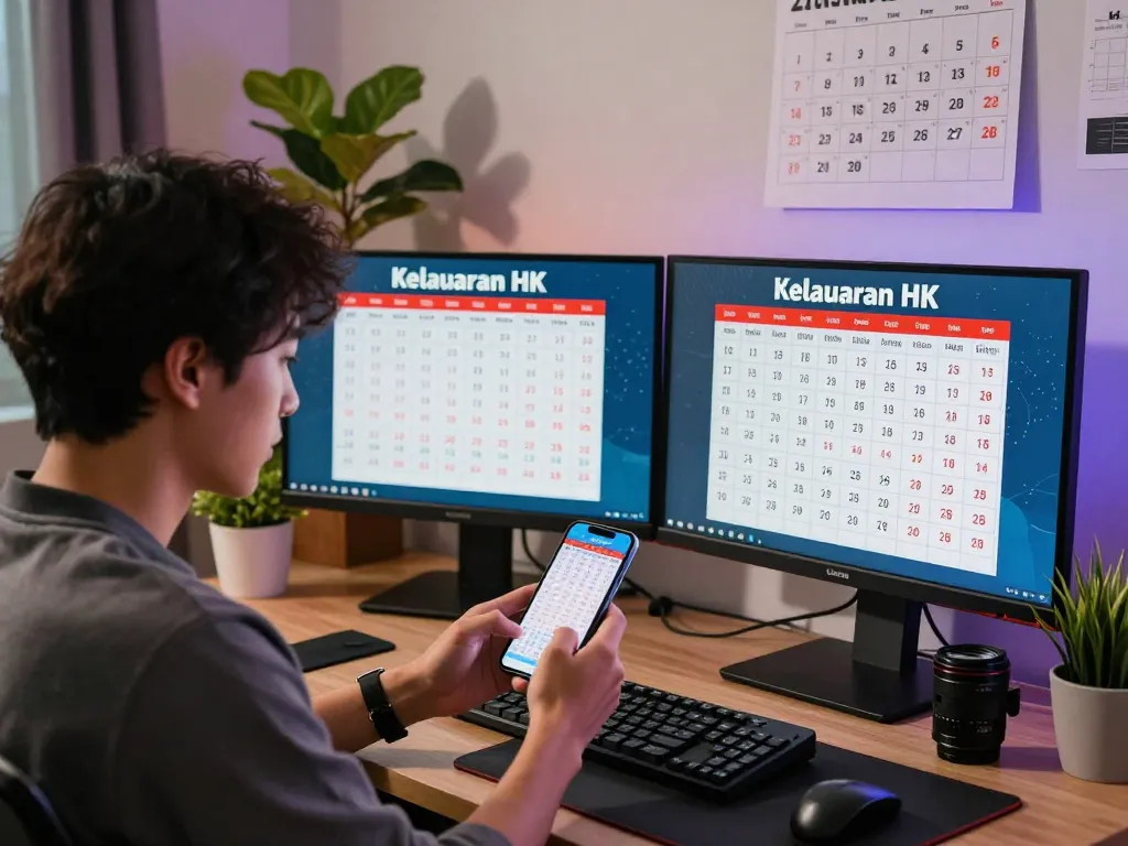 Keluaran HK results being checked live by a lottery player in a modern workspace.
