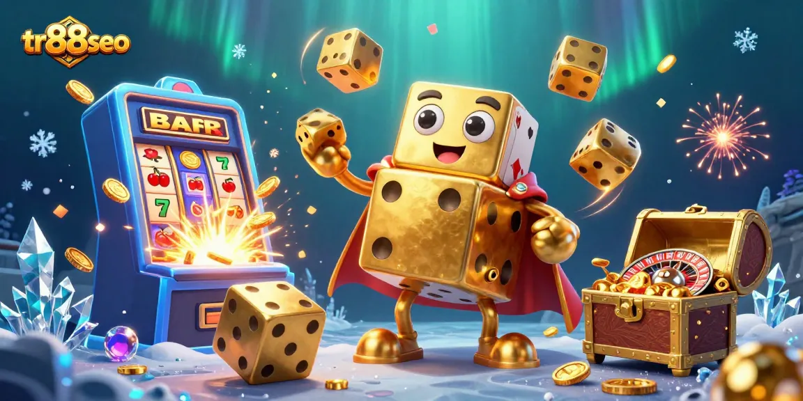 Engage with tr88seo's dynamic casino experience featuring a golden dice golem in a vibrant gaming scene.