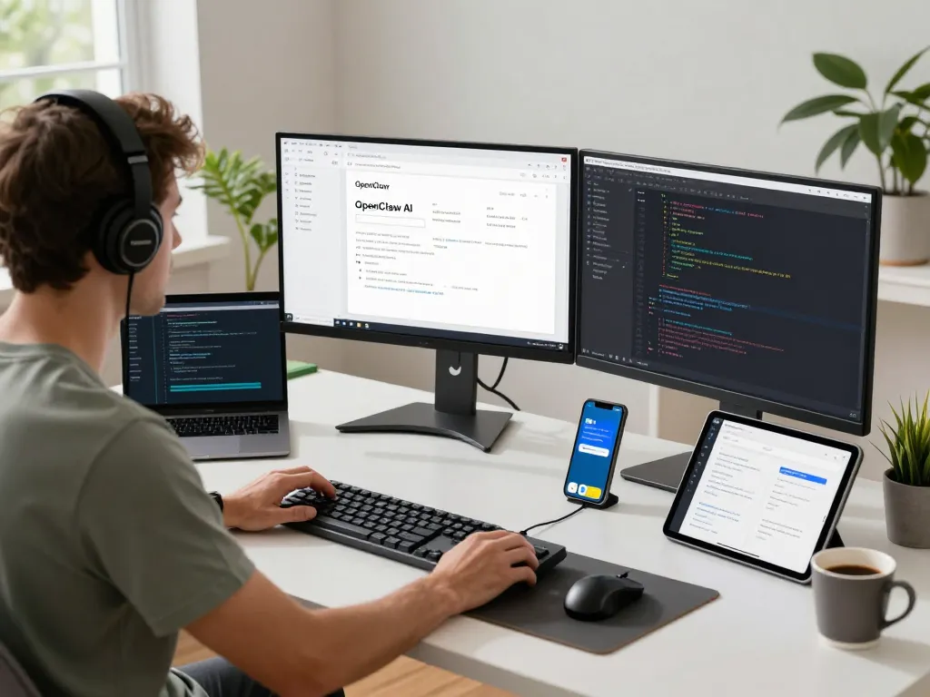 Developer using clawbot in a modern home office with multiple screens displaying coding and AI interfaces.